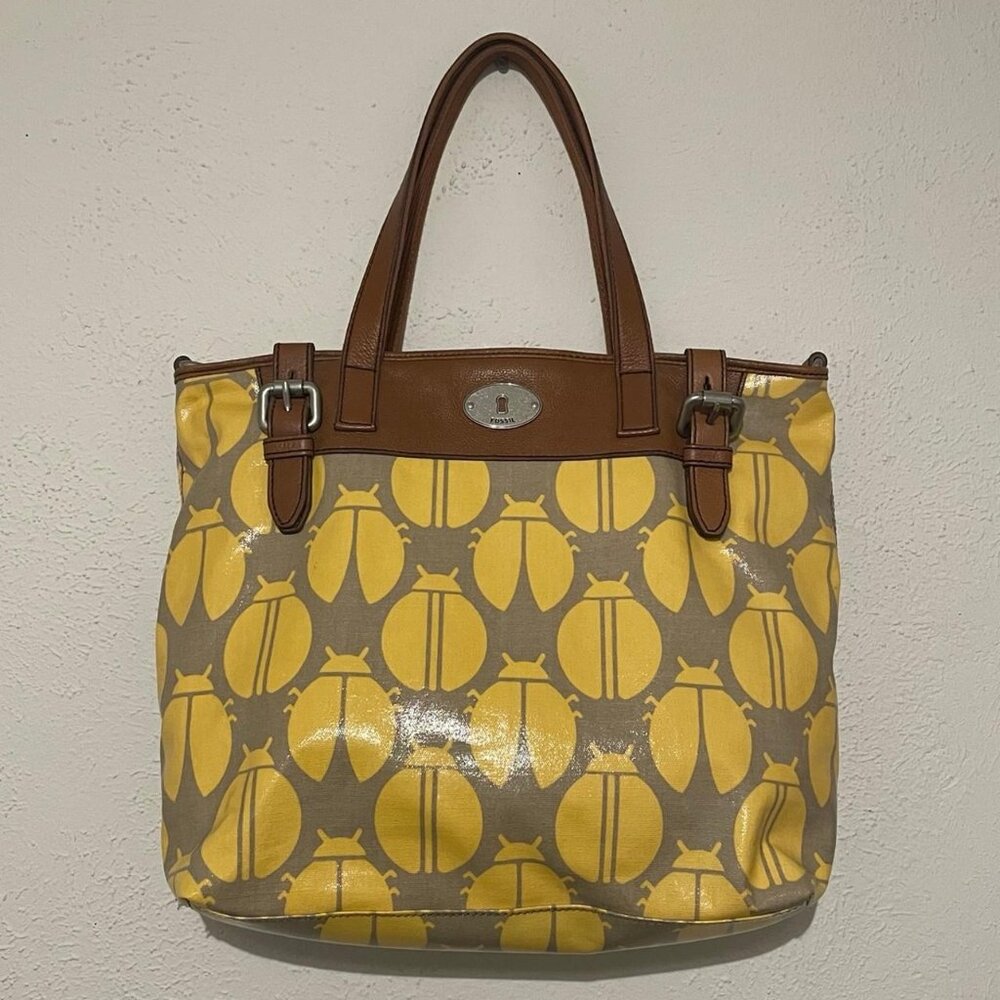 Fossil Key-Per Yellow & Gray Ladybug Print Tote B… - image 1